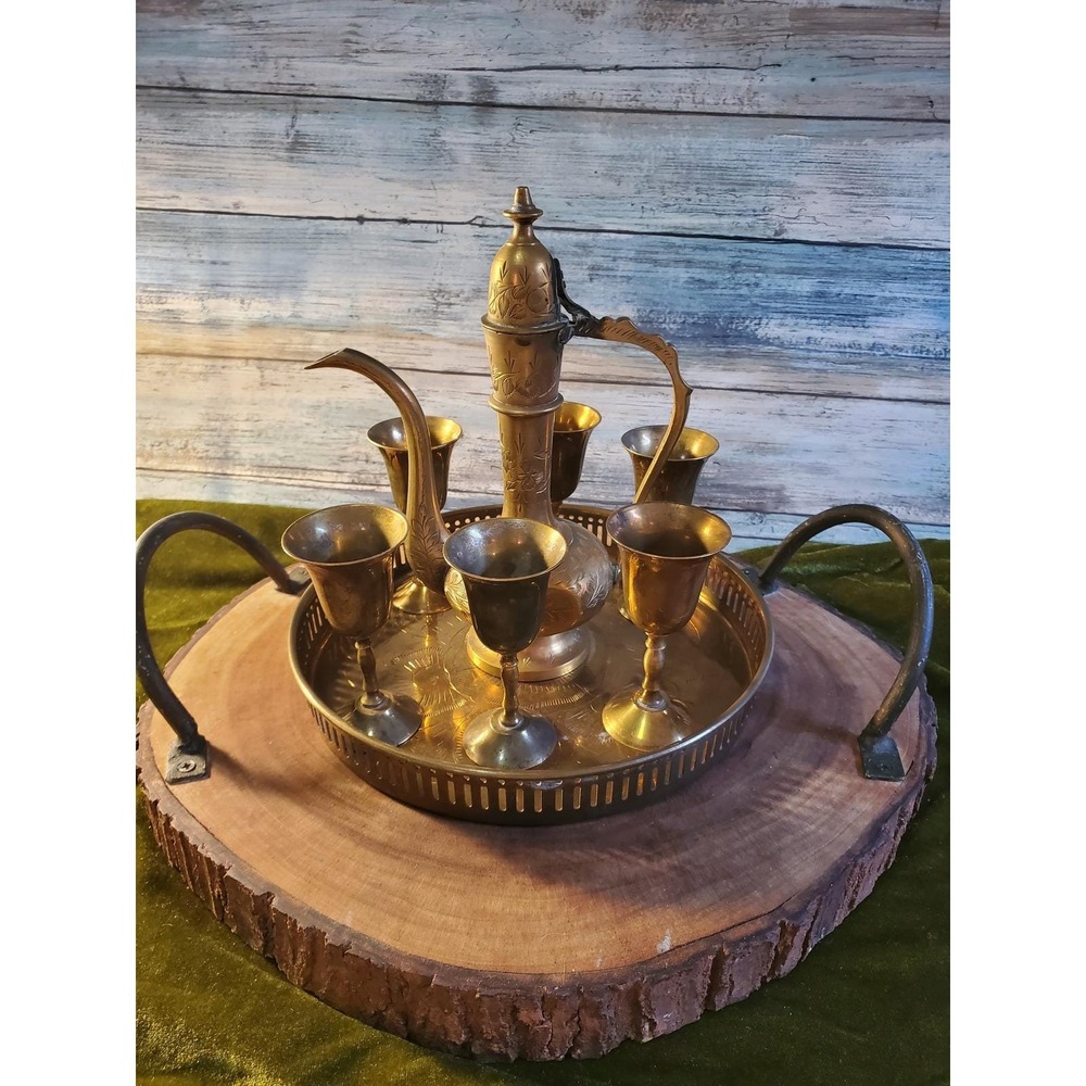 8 piece Vintage Etched Brass Turkish Coffee Set Made in India‎